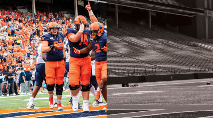 Illinois players celebrating on the field split with an empty field